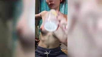 Hot milking teen drinks her breast milk