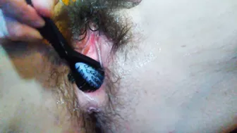 Hairbrush as Dildo! Foreign Object Insertion Female Ejaculation Squirt Gush WAP Hairy Pussy Cums