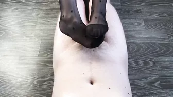 sexy girl footjob with black nylon stockings after walk cumshot