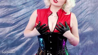 Hot PVC teasing, fetish beautiful video. Mistress Arya Grander in red vinyl clothing.