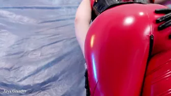 Hot PVC teasing, fetish beautiful video. Mistress Arya Grander in red vinyl clothing.