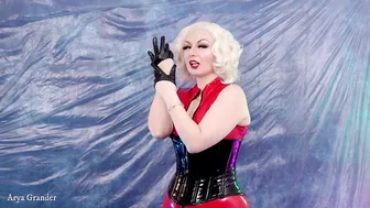 Hot PVC teasing, fetish beautiful video. Mistress Arya Grander in red vinyl clothing.