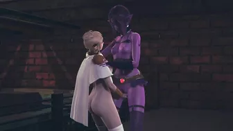 Light elf fingering dark elf's pussy