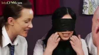 CFNM blindfold college babe in group BJ