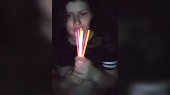 Fucking my mouth and pussy with glow sticks