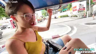 Horny Thai with short hair and glasses trying out thick white penis