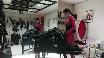 Progressive Anal Training for Rubber Slave - Lady Bellatrix with her strap-on in catsuit (teaser)