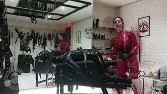 Progressive Anal Training for Rubber Slave - Lady Bellatrix with her strap-on in catsuit (teaser)