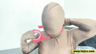 Fejira com Zentai bodysuit latex hood vibrator orgasm