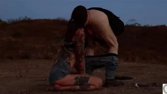 Inked sexy desert bound sub awaits earthly domination pleasure and flogging then rims her powerful doms ass