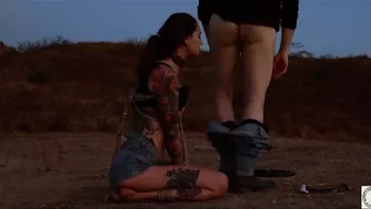 Inked sexy desert bound sub awaits earthly domination pleasure and flogging then rims her powerful doms ass