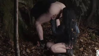 Facialized cool forest night anal pleasure fuck for submissive beauty dominated by ass toy then hard dick