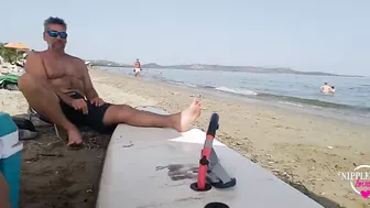 nippleringlover at public beach flashing pierced tits and pierced pussy with big nipple & labia ring