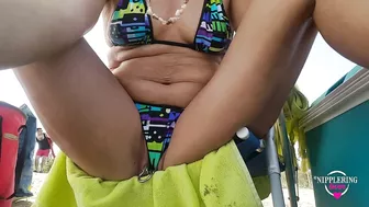 nippleringlover at public beach flashing pierced tits and pierced pussy with big nipple & labia ring