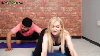 Busty yoga CFNM MILFS jerking guy cock in CFNM group action