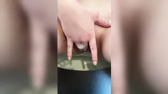 I fingering my Creamy Pussy at the Toilet