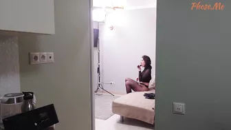 Behind The Scenes Of Sexy Brunette In Seamless Black Pantyhose Filming