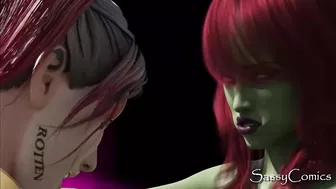 Harley Quinn fucking Poison Ivy With Neon Strap on Dildo