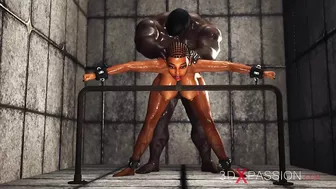 Hot ebony with many boobs in restrains is ready for intense anal sex