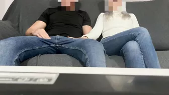 My girlfriend's friend gives me a blowjob in jeans while we wait for my girlfriend who is in the shower