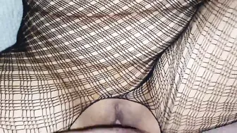 Amateur wife in black fish net gets cum on her sexy ass