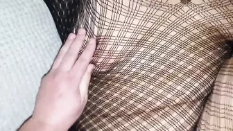 Amateur wife in black fish net gets cum on her sexy ass