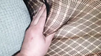 Amateur wife in black fish net gets cum on her sexy ass