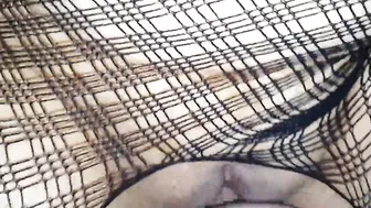 Amateur wife in black fish net gets cum on her sexy ass