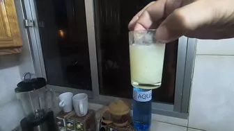 Girlfriend drinks a lots of saved cum from a shot glass