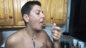 Girlfriend drinks a lots of saved cum from a shot glass