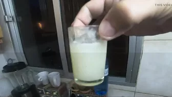 Girlfriend drinks a lots of saved cum from a shot glass