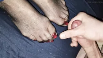 Cum on Red toes with ring in black pantyhose