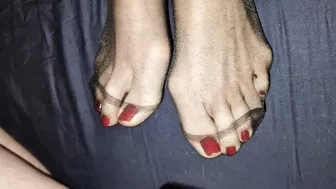 Big load on Red toes in black nylon