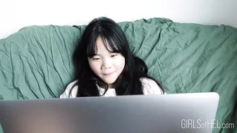 Fingering a cute Asian teen while she's trying to concentrate on her homework - Baebi Hel