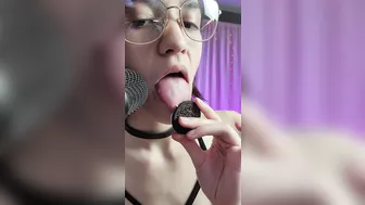 Spit Fetish - ASMR - Goddess D licks on and enjoys an oreo using their ASMR microphone for you