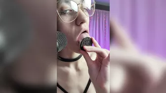 Spit Fetish - ASMR - Goddess D licks on and enjoys an oreo using their ASMR microphone for you