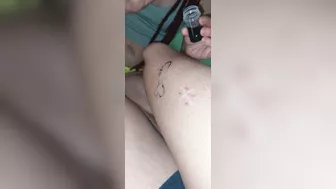 Tattooing his leg stick and poke