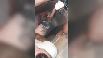 Femdom Golden Shower cleans cum from bi tattooed bottom sub. Drinks mouthful and eye shot