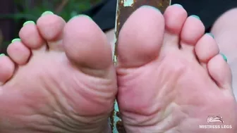 Sexy bare feet and nylon soles outdoor closeups