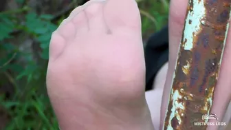 Sexy bare feet and nylon soles outdoor closeups