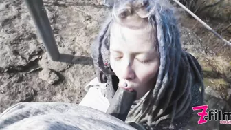 Caught while wild public sex on a ruine - POV, tattoo couple, split tounge blow job