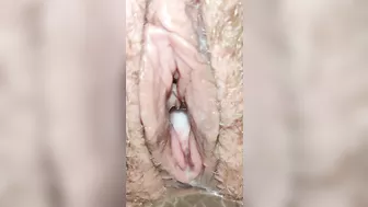 Hairy Pussy Peeing and Dripping Creampie Close up