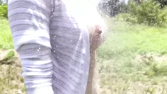 Wifey has a risky fully nude shower and gets her entire body wet right next to a common walking trail