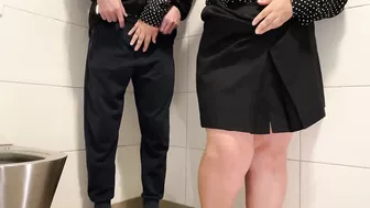 Son-in-law could not resist and lifted his mother-in-law's skirt to cum on her thick sexy thighs in a public toilet