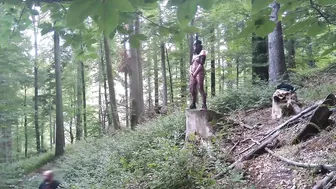 Standing pissing in a woods in a bunny mask and fishnet