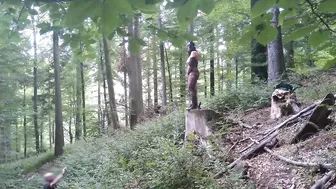 Standing pissing in a woods in a bunny mask and fishnet