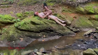 Naked Interracial Couple Fuck Outdoors on Riverbank