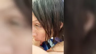 Closeup of pretty girls mouth and face while she sucks on big cock