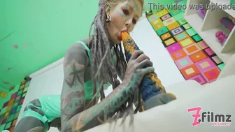 Extreme TATTOO dreadhead ANAL riding huge TOY