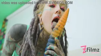 Extreme TATTOO dreadhead ANAL riding huge TOY